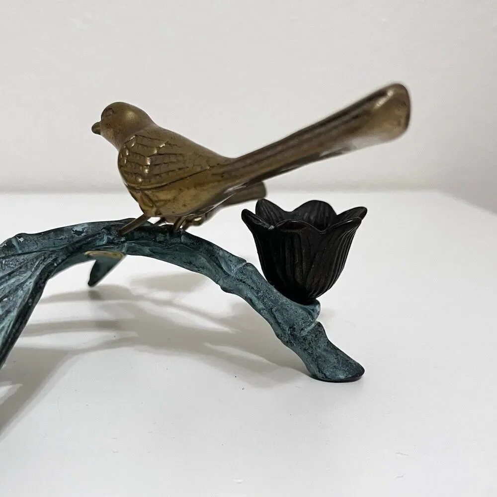 Andrea by Sadek Brass Birds on Bamboo Candle Holder Figurine